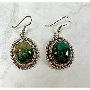 Silver Tone Dangle Earrings with Green Cabochons in Intricate Setting - 1 5/8"